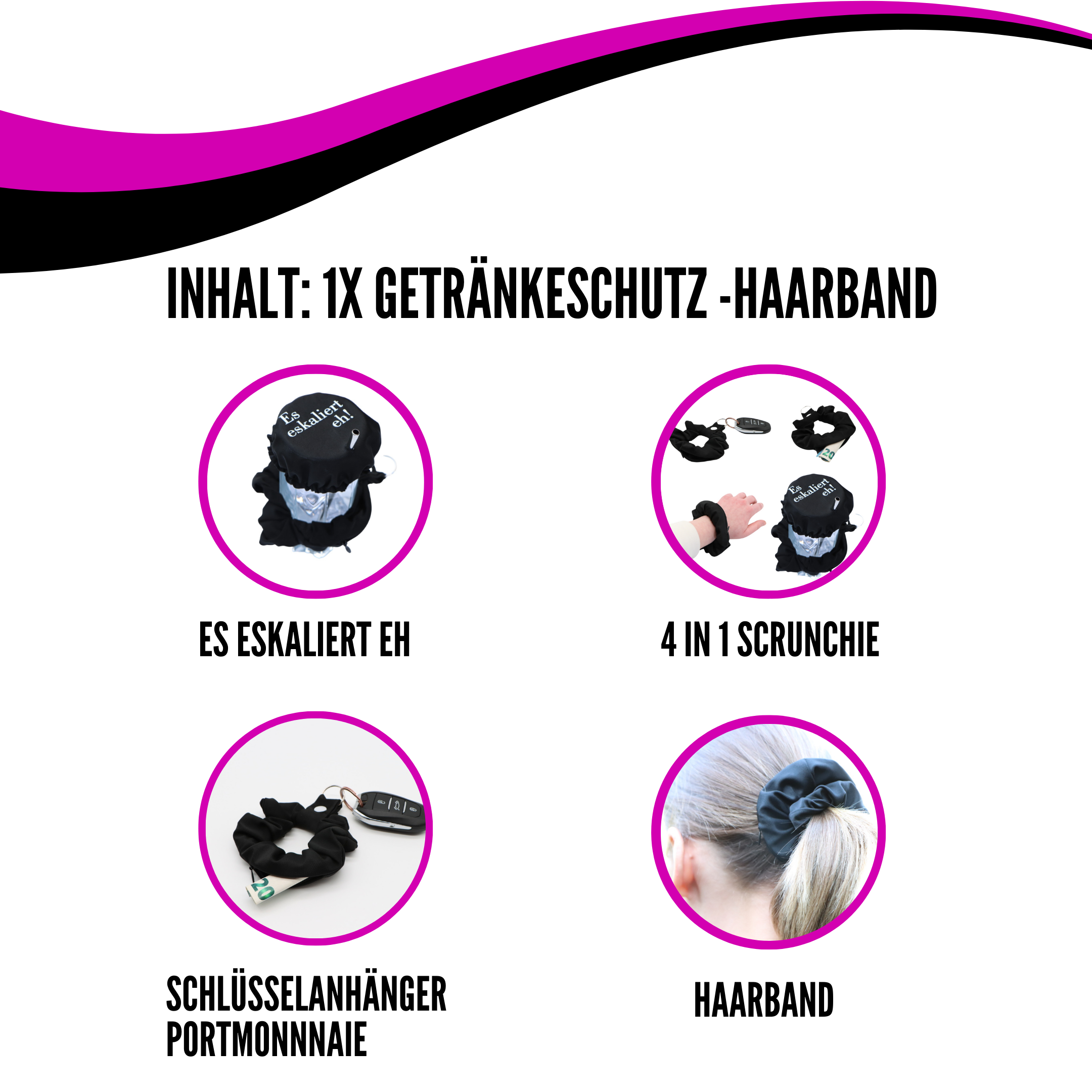 KO-Stop Es eskaliert Eh Getränkeschutz Haarband Scrunchie Schutz vor K.O.-Tropfen, wiederverwendbar! - Ko-Stop