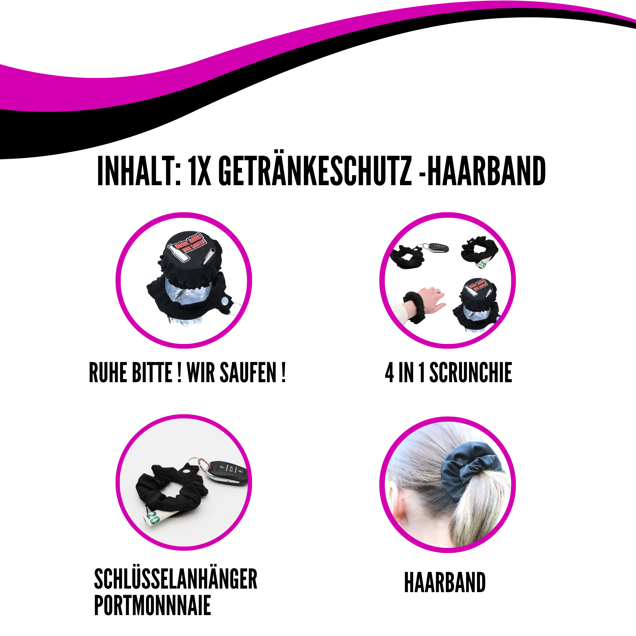 KO-Stop Ruhe Bitte Wir Saufen Getränkeschutz Haarband Scrunchie Schutz vor K.O.-Tropfen, wiederverwendbar! - Ko-Stop