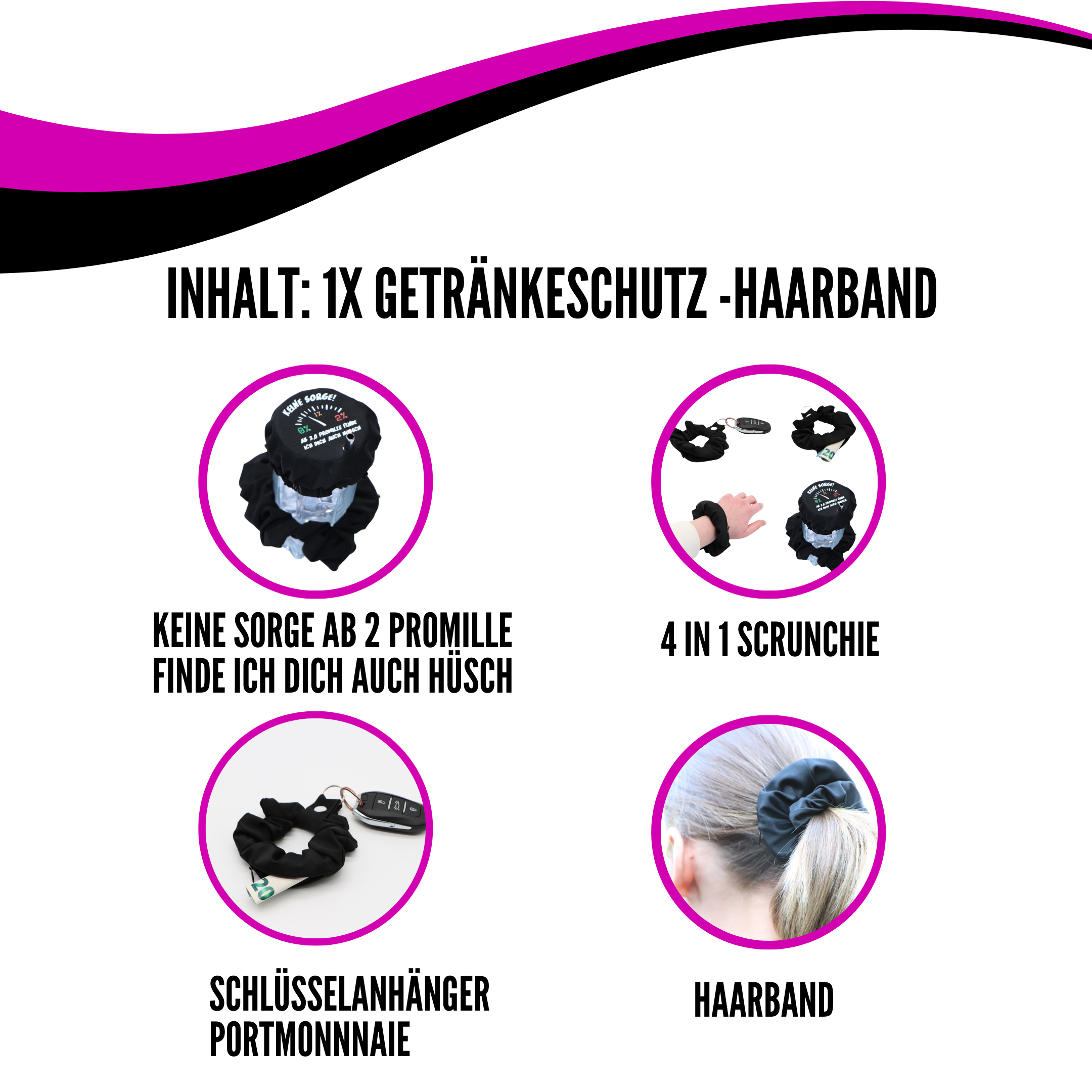 KO-Stop Keine Sorge ! Ab 2,0 Promille finde ich dich auch Hübsch! Getränkeschutz Haarband Scrunchie Schutz vor K.O.-Tropfen, wiederverwendbar! - Ko-Stop