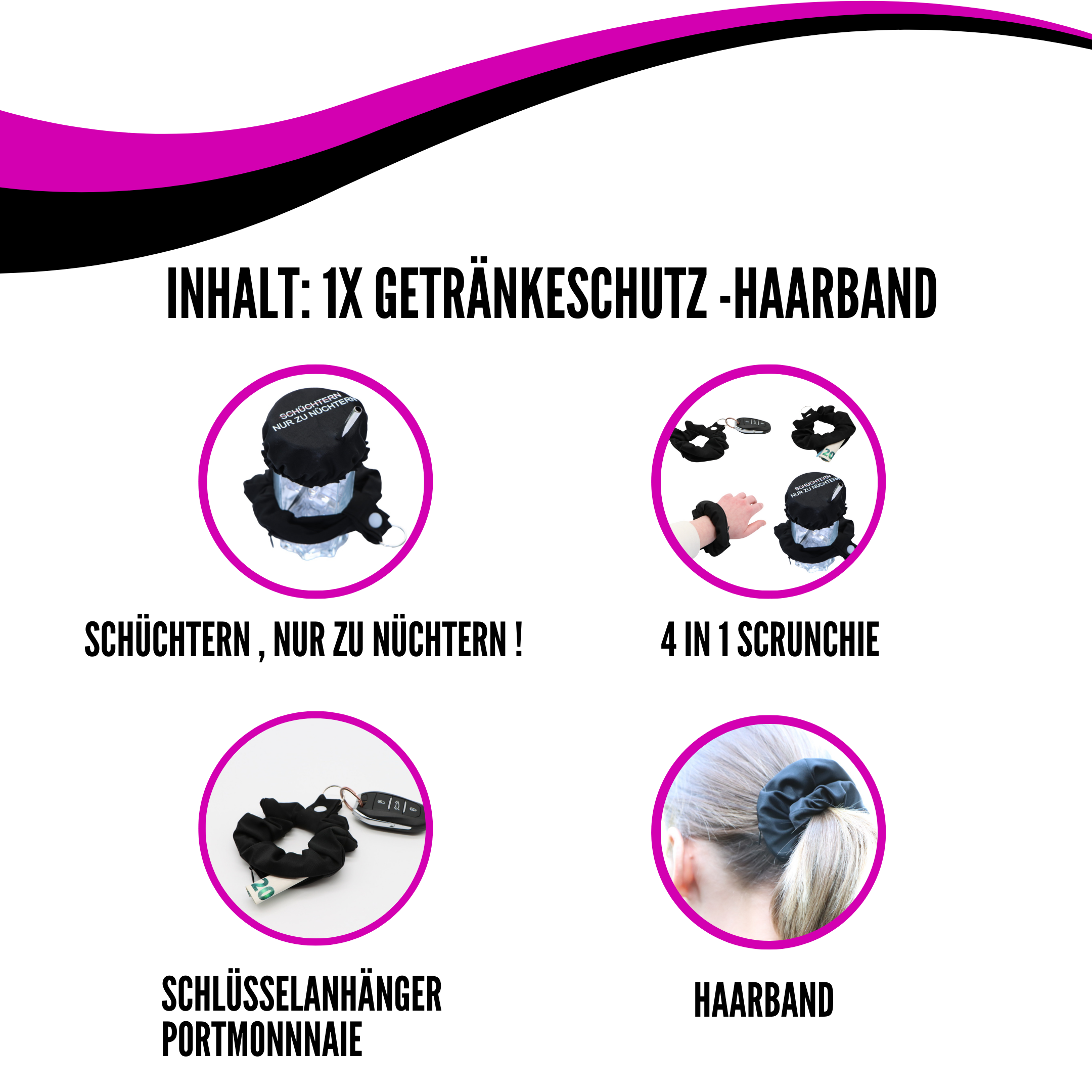 KO-Stop Schüchtern / Nur zu Nüchtern Getränkeschutz Haarband Scrunchie Schutz vor K.O.-Tropfen, wiederverwendbar! - Ko-Stop