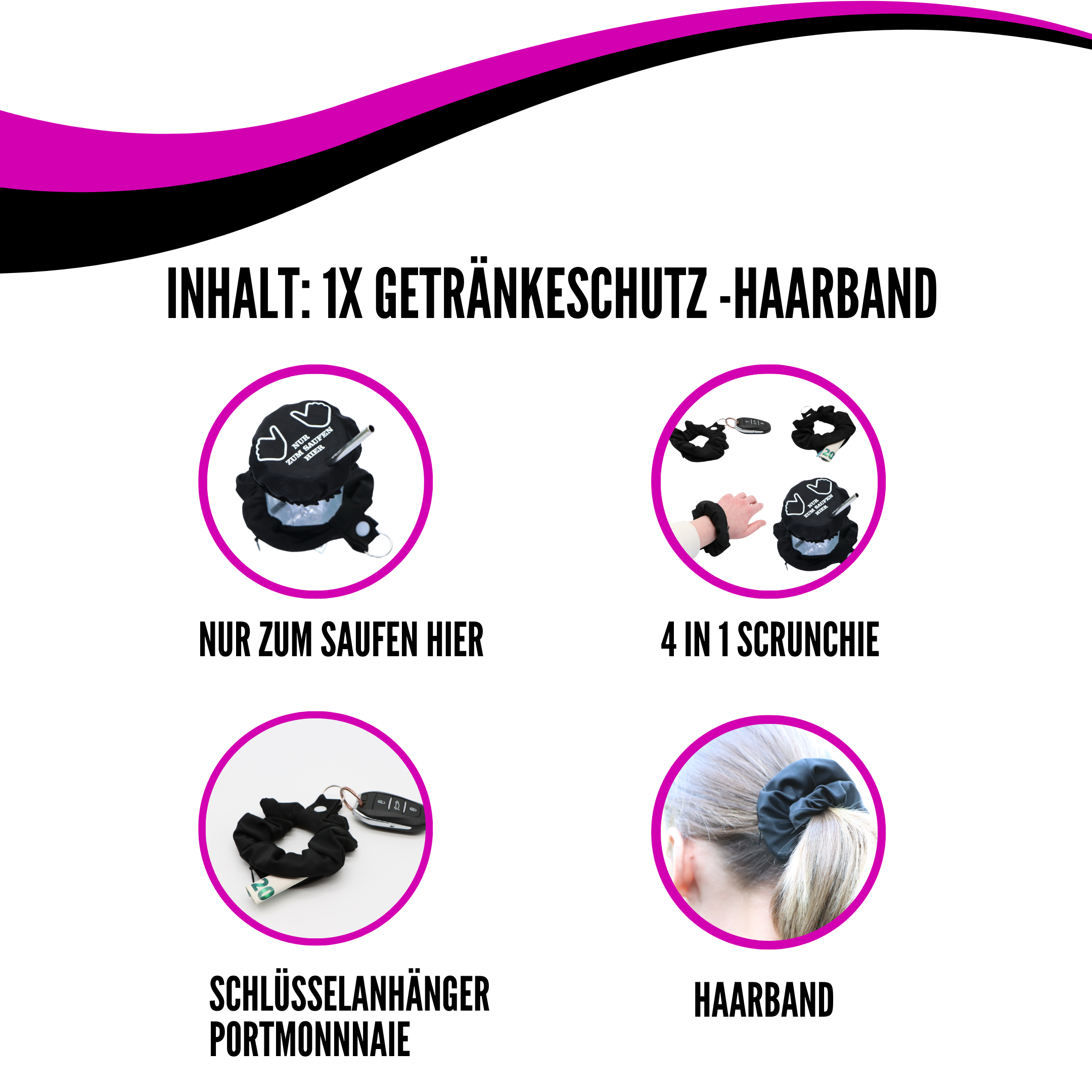 KO-Stop Nur zum Saufen hier Getränkeschutz Haarband Scrunchie Schutz vor K.O.-Tropfen, wiederverwendbar! - Ko-Stop