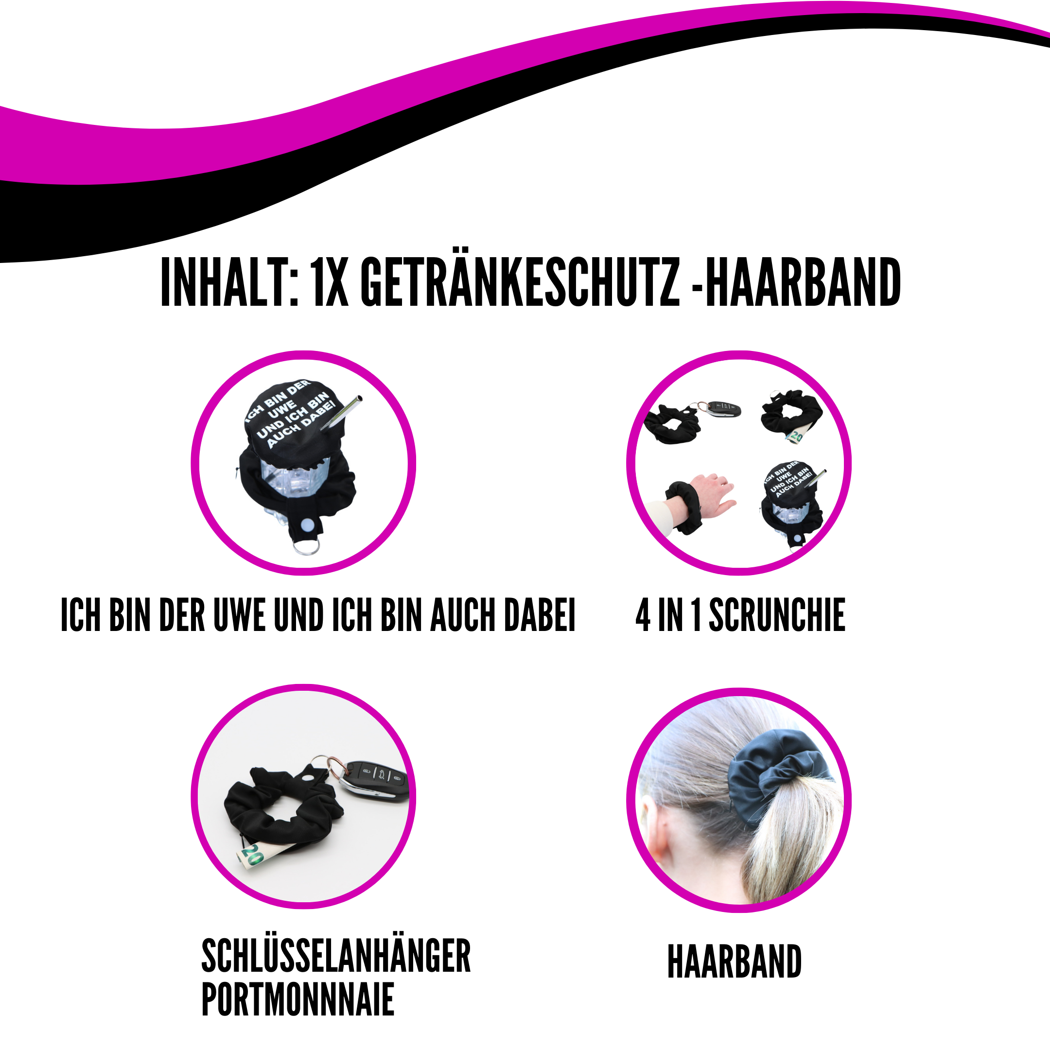 KO-Stop Ich bin der Uwe und ich bin auch dabei Getränkeschutz Haarband Scrunchie Schutz vor K.O.-Tropfen, wiederverwendbar! - Ko-Stop