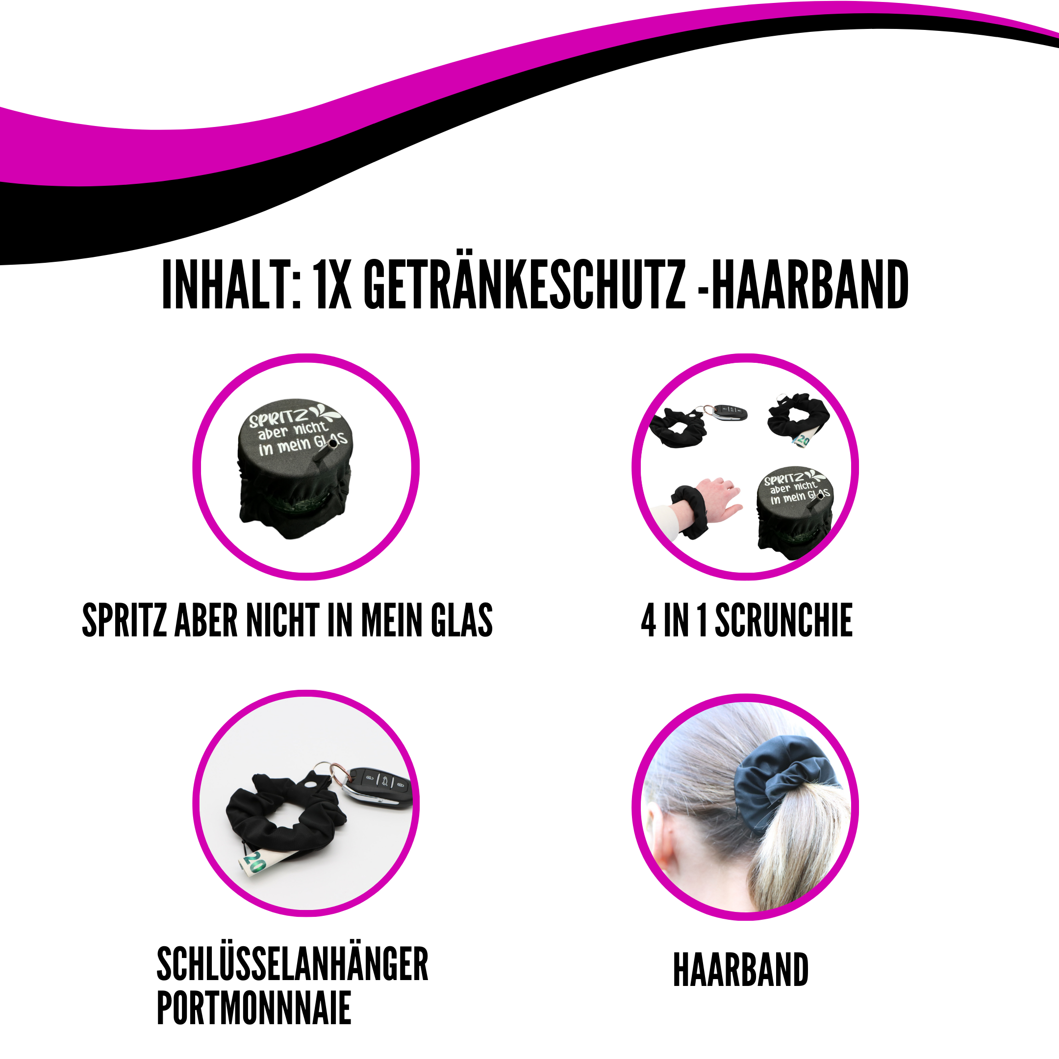 KO-Stop Spritz Aber nicht in mein Glas Getränkeschutz Haarband Scrunchie Schutz vor K.O.-Tropfen, wiederverwendbar! - Ko-Stop