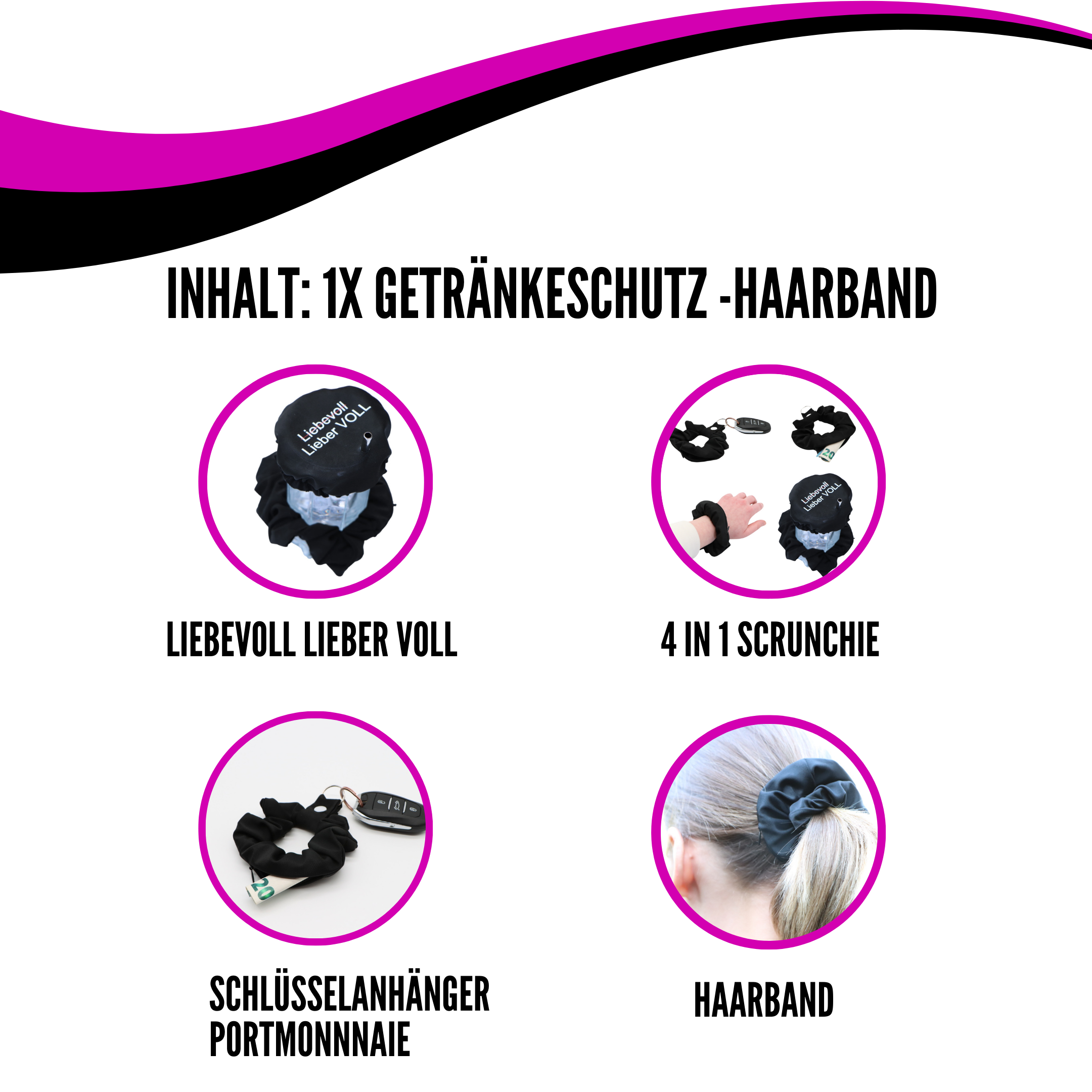 KO-Stop Liebevoll, Lieber Voll Getränkeschutz Haarband Scrunchie Schutz vor K.O.-Tropfen, wiederverwendbar! - Ko-Stop